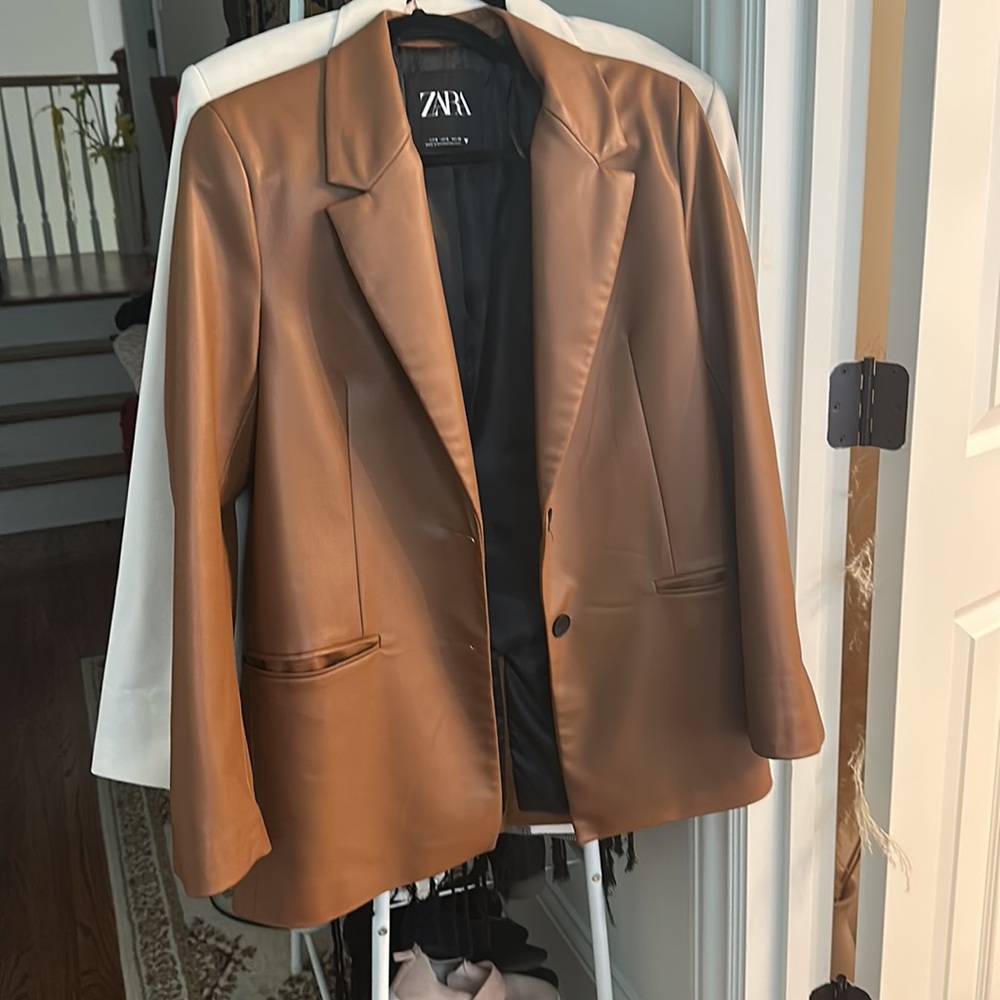 Zara Brown Faux Leather Blazer Jacket - Picture 2 of 5